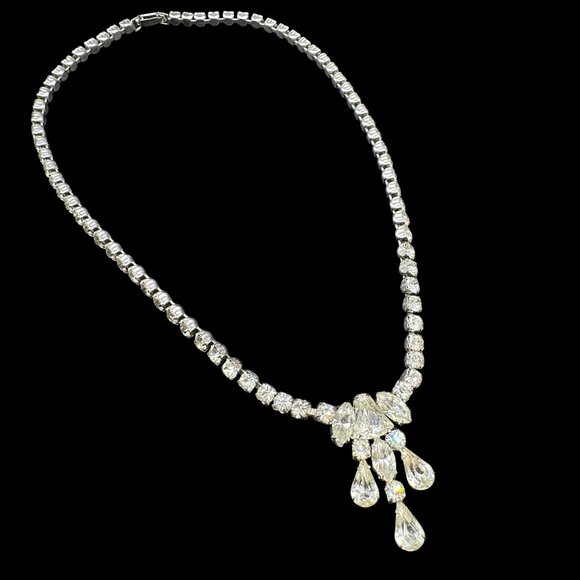Vintage Statement Necklace Clear Rhinestones - Picture 1 of 8